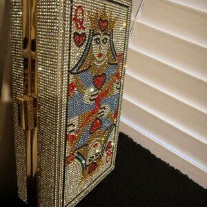 Queen of Hearts Crystal Playing Card Clutch - Casino Night Evening Bag